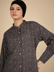 Front Open Modest Printed Abaya Burqa with Black Hijab