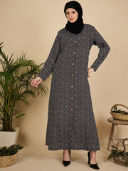 Front Open Modest Printed Abaya Burqa with Black Hijab