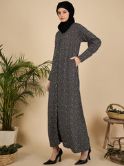 Front Open Modest Printed Abaya Burqa with Black Hijab