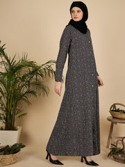 Front Open Modest Printed Abaya Burqa with Black Hijab