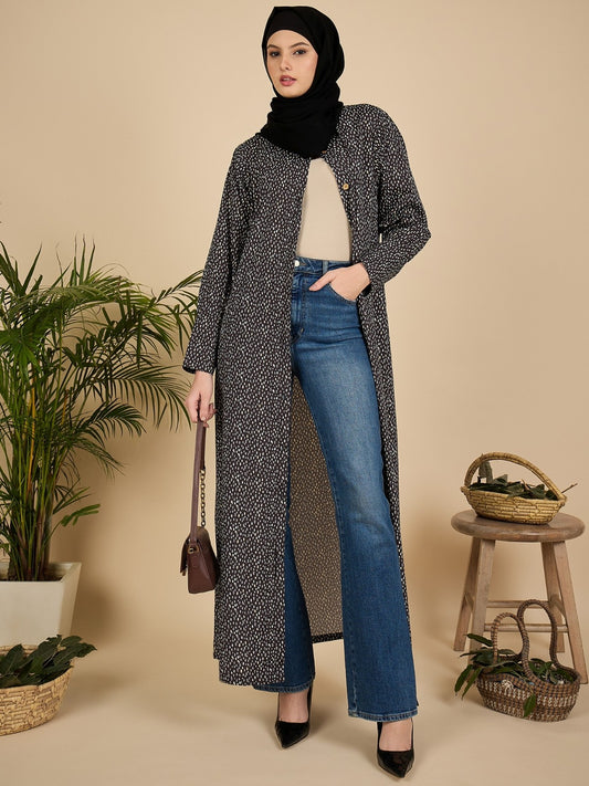 Front Open Modest Printed Abaya Burqa with Black Hijab