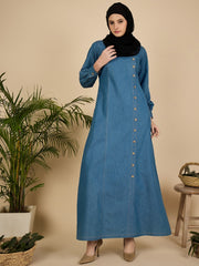 Blue Solid Modest Women Denim Abaya Burqa with Black Georgette Hijab
