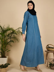Blue Solid Modest Women Denim Abaya Burqa with Black Georgette Hijab