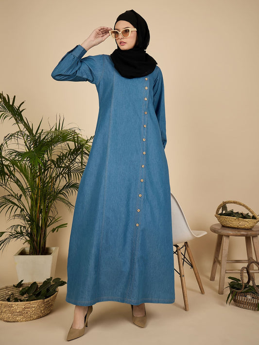 Blue Solid Modest Women Denim Abaya Burqa with Black Georgette Hijab