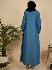 Blue Solid Modest Women Denim Abaya Burqa with Black Georgette Hijab