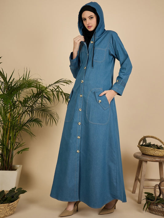 Front Open Modest Hoodie Denim Abaya Burqa for Women
