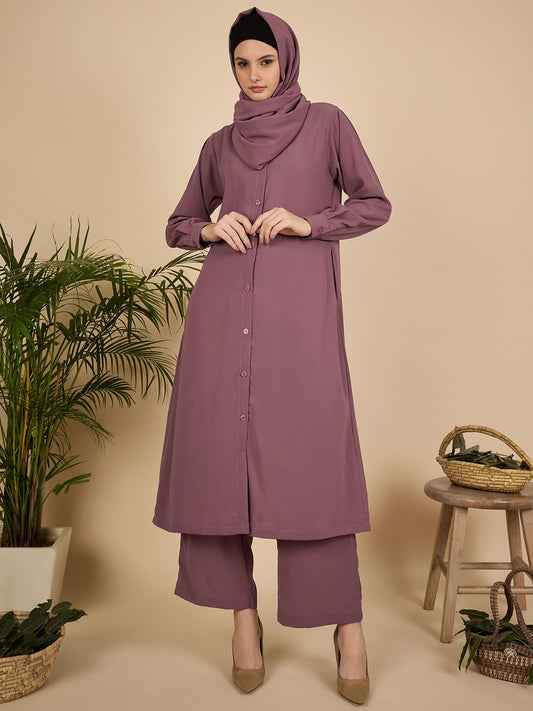 Front Open Puce Pink Co-Ord Set for Women