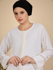 Embroidered White Front Open Modest Abaya with matching scarf
