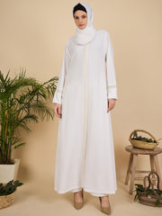 Embroidered White Front Open Modest Abaya with matching scarf