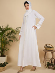 Embroidered White Front Open Modest Abaya with matching scarf