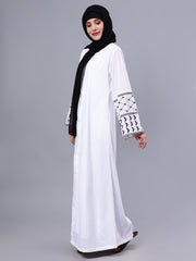 Front Open White Kefiyyeh Embroidery Abaya with Black Hijab