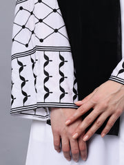 Front Open White Kefiyyeh Embroidery Abaya with Black Hijab