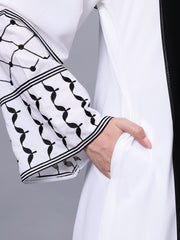 Front Open White Kefiyyeh Embroidery Abaya with Black Hijab