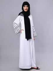 Front Open White Kefiyyeh Embroidery Abaya with Black Hijab