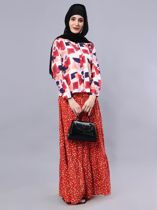 Red Printed Maxi Skirt for Women