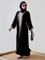 2 Piece Set Embroidered Shrug Abaya with Black Georgette Hijab