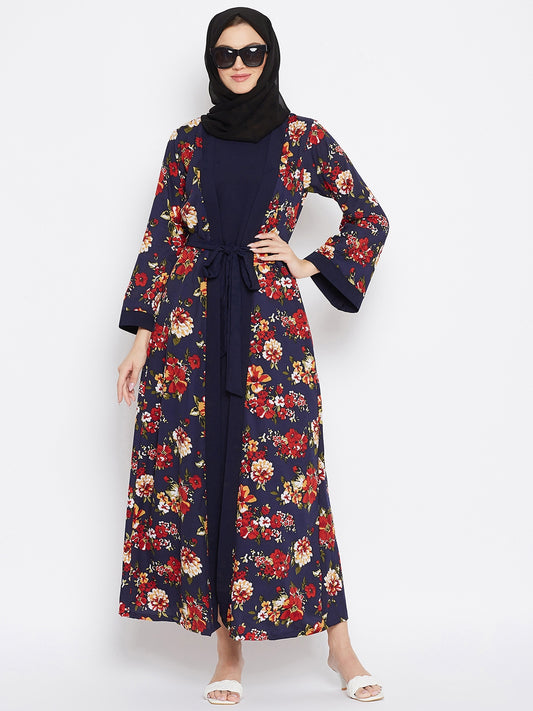 Blue and Red Floral Printed Shrug Attached Casual Abaya for Women With Black Georgette Scarf