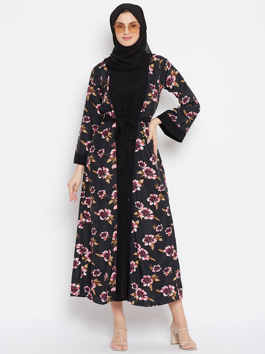 Black Floral Printed Shrug Attached Casual Abaya for Women With Black Georgette Scarf