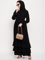 Women Black Frilled Abaya Burqa With Belt and Black Hijab
