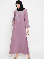 Pink Handwork Abaya with Black Hijab for Women