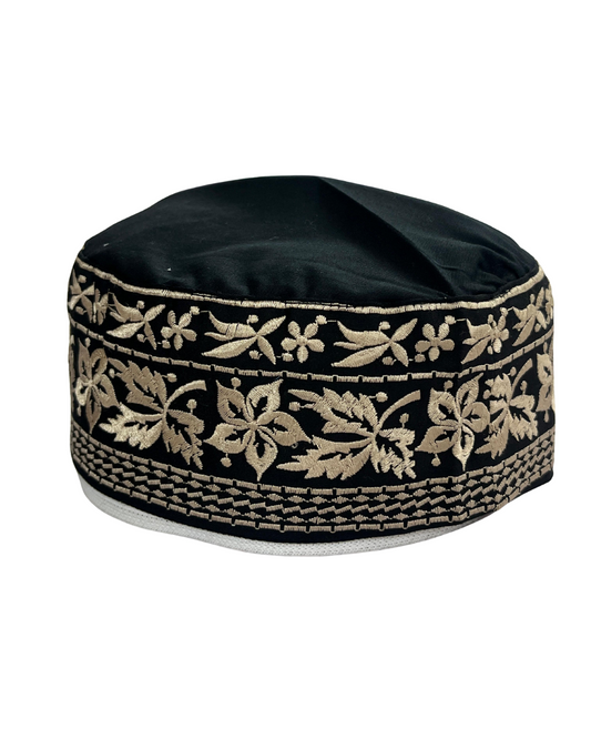 Men's Black Cotton Embroidered Prayer Kufi Cap