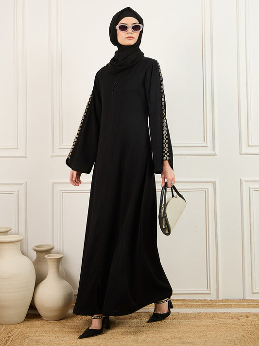Embroidered Abaya/Burqa Black with Matching Georgette Hijab