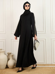 Embroidered Abaya/Burqa Black with Matching Georgette Hijab