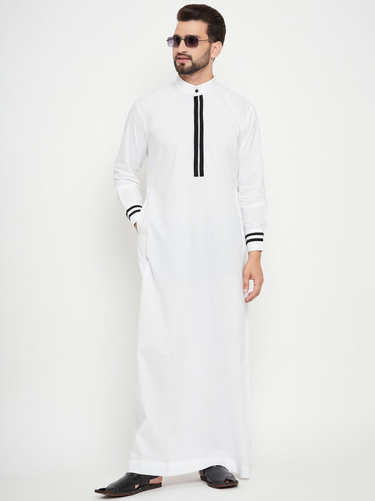 White Arab Thobe / Jubba for Men with Piping Design