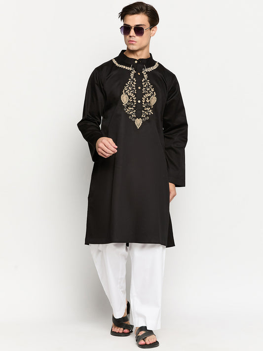 Mens Solid Embroidery Straight Sleeves Black Kurta
