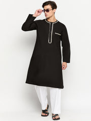 Black Solid Embroidery Details Mens Kurta