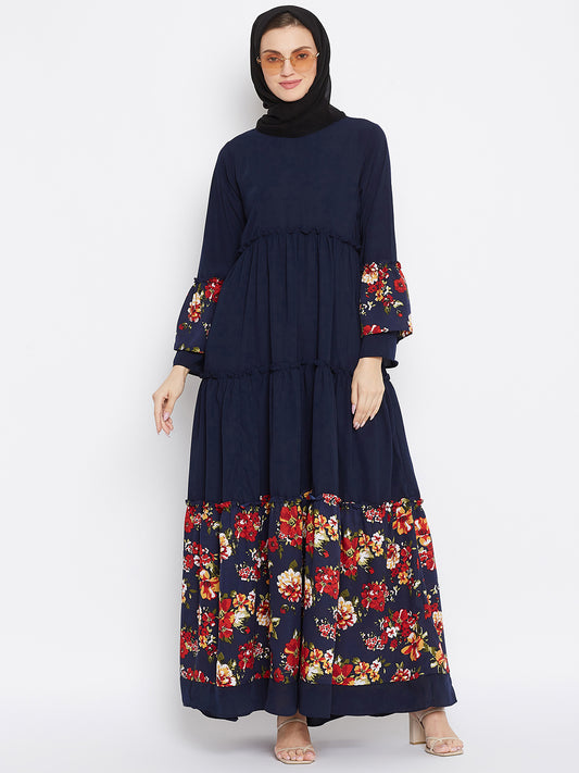 Blue Floral Printed  Abaya Dress with Black Georgette Hijab