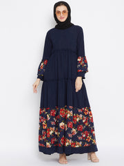 Blue Floral Printed Abaya Dress with Black Georgette Hijab