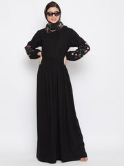 Black Embroidery Work Abaya for Women with Black Georgette Scarf