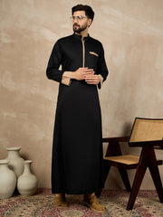 Black Cotton Arabic Thobe for Men with Beige Piping