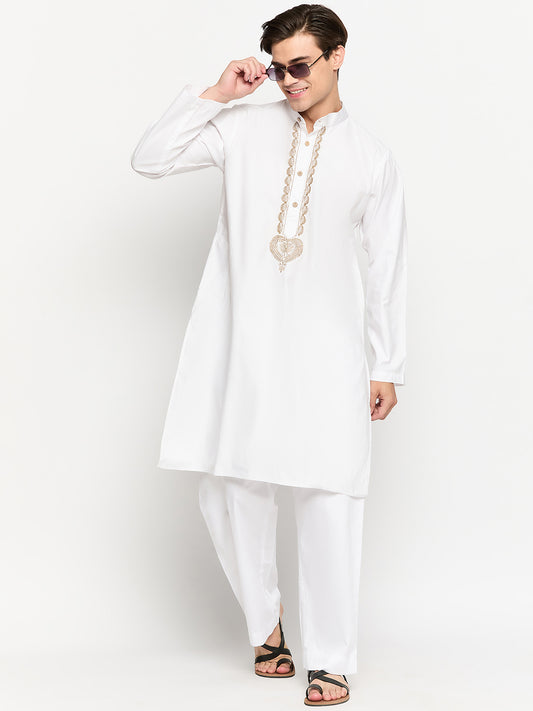 Embroidery Details Solid White Men's Kurta Pajama Set
