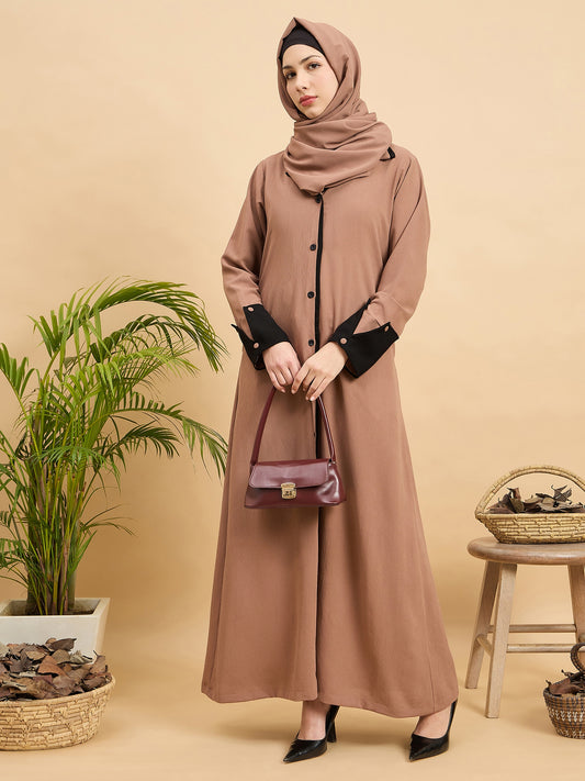Front Open Modest Beige Coat-Style Abaya with Matching Hijab