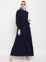 Frilled Blue Abaya/Burqa For Women With Belt and Black Hijab