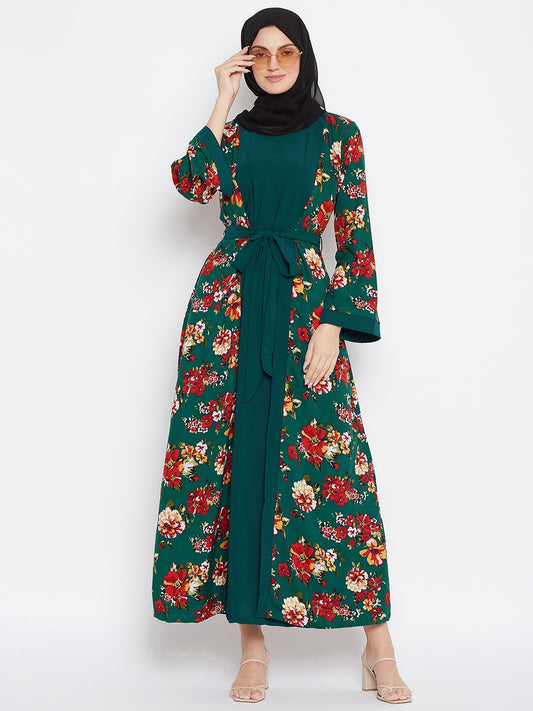 Bottle Green Floral Printed Shrug Attached Casual Abaya for Women With Black Georgette Scarf