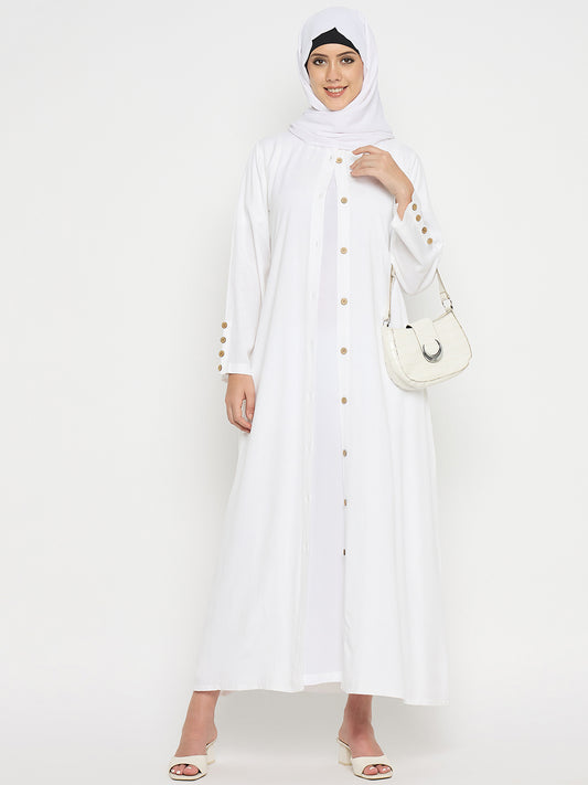 Front Open Rayon White Abaya for Umrah/Hajj with Black Hijab for Women