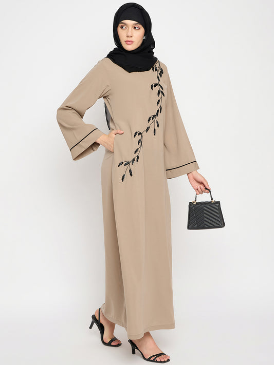 Beige Handwork Abaya with Black Hijab
