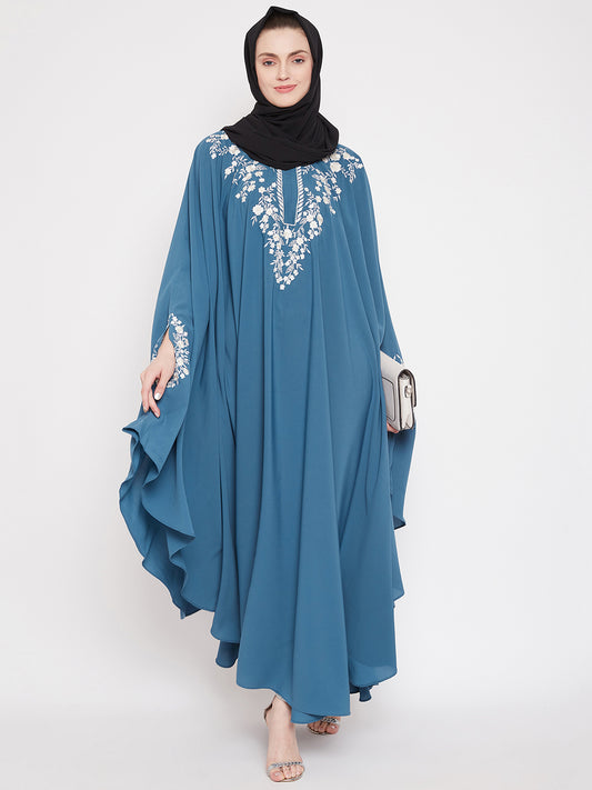 Sky Blue Chikan Hand Embroidered Irani Kaftan Abaya with Black Georgette Hijab