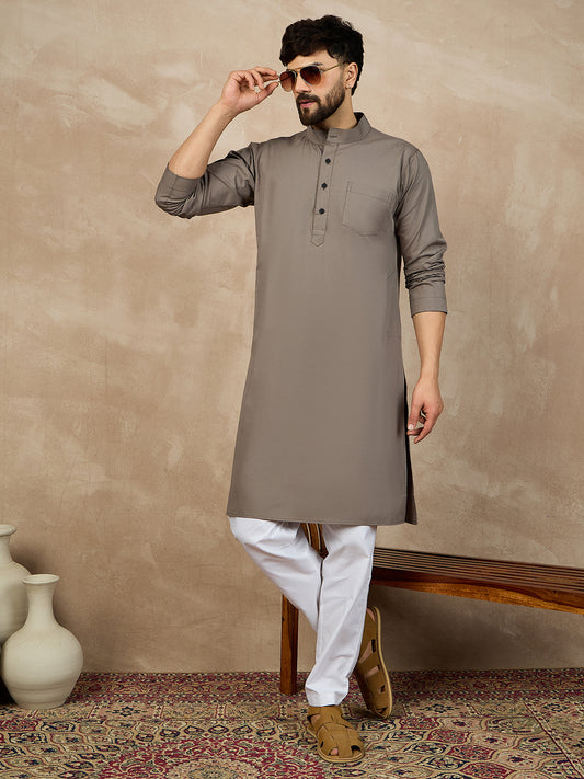 Grey Cotton Kurta and White Pajama Set for Men