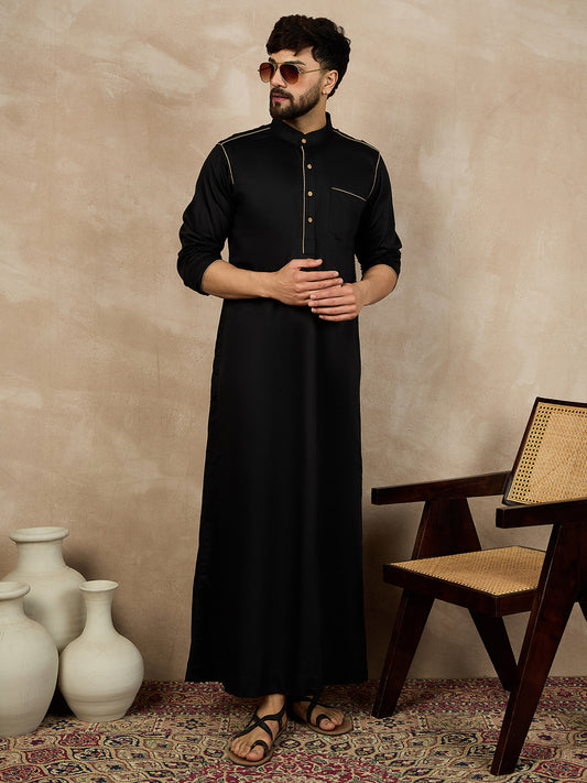 Men's Arabic Black Cotton Thobe with Piping Detailing