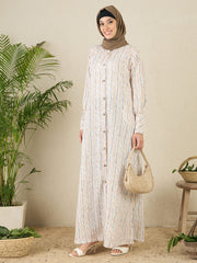 Striped Printed Front Open Abaya with Black Hijab