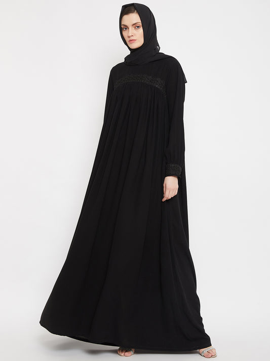 Black Lace work Designed Abaya for Women with Black Georgette Scarf