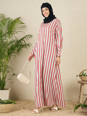 Front Open Striped Printed Abaya with Black Hijab