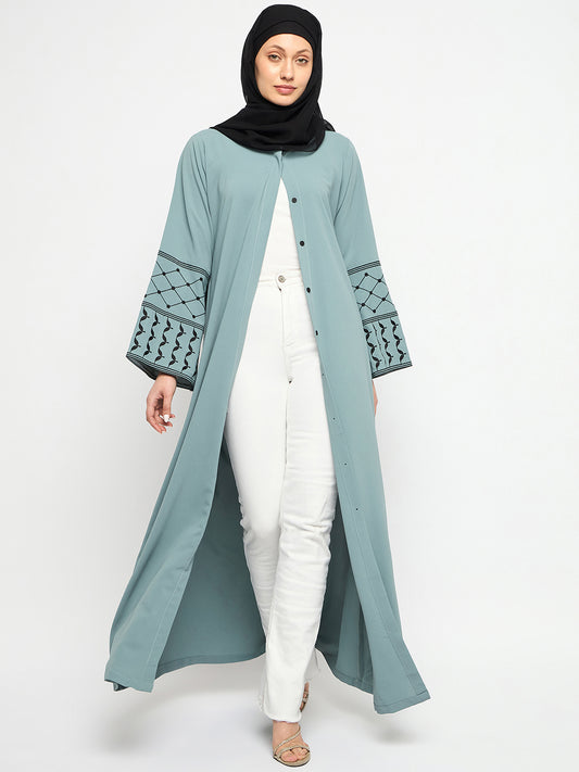 Kefiyyeh Embroidery Front Open Abaya with Black Hijab
