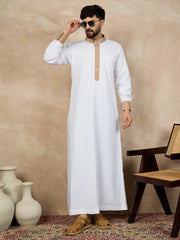 White Cotton Thobe for Men with Beige Piping