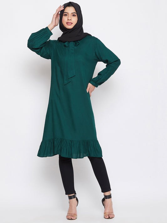 Bottle Green Rayon Tunic for Women with Black Georgette Stole