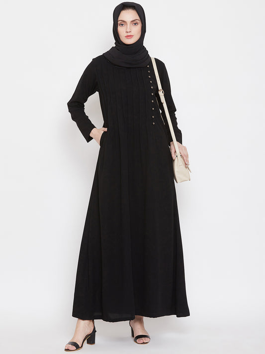 Black Solid Side Plate Abaya for Women with Black Georgette Scarf